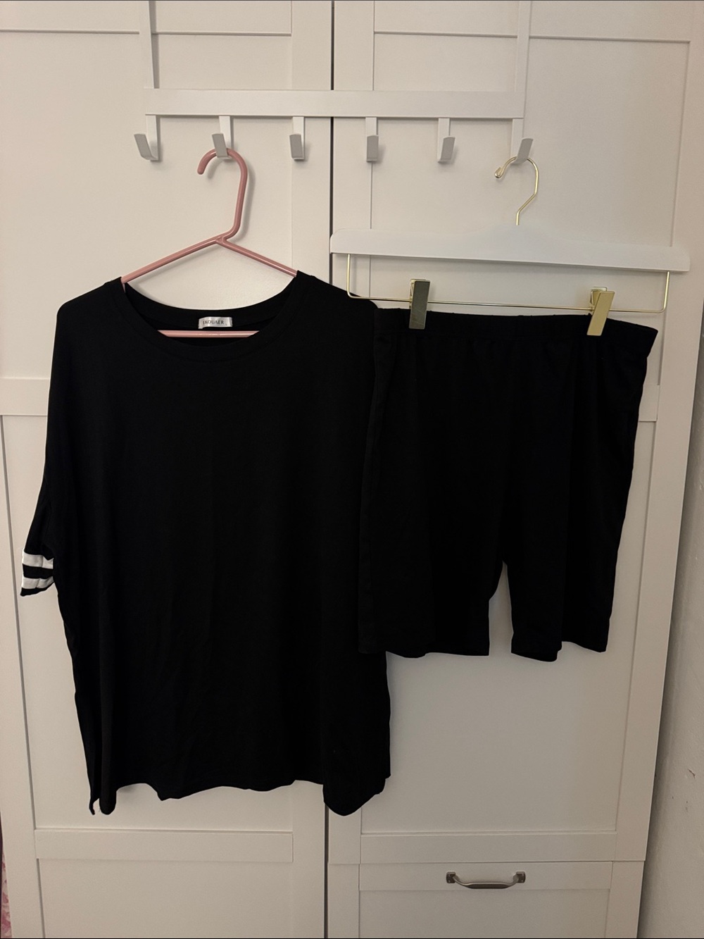 Women's Black Short Sleeve Pajama Set with Striped Sleeve Detail